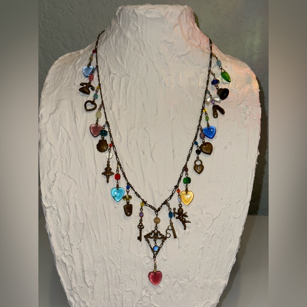 Vintage Glass Works Studio Brass & heart Glass Charms in Multi Colors Necklace